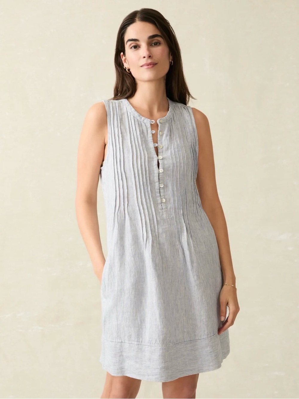 Faherty Sleeveless Mini Dress in White and Navy Pinstripe - Picture 2 of 13